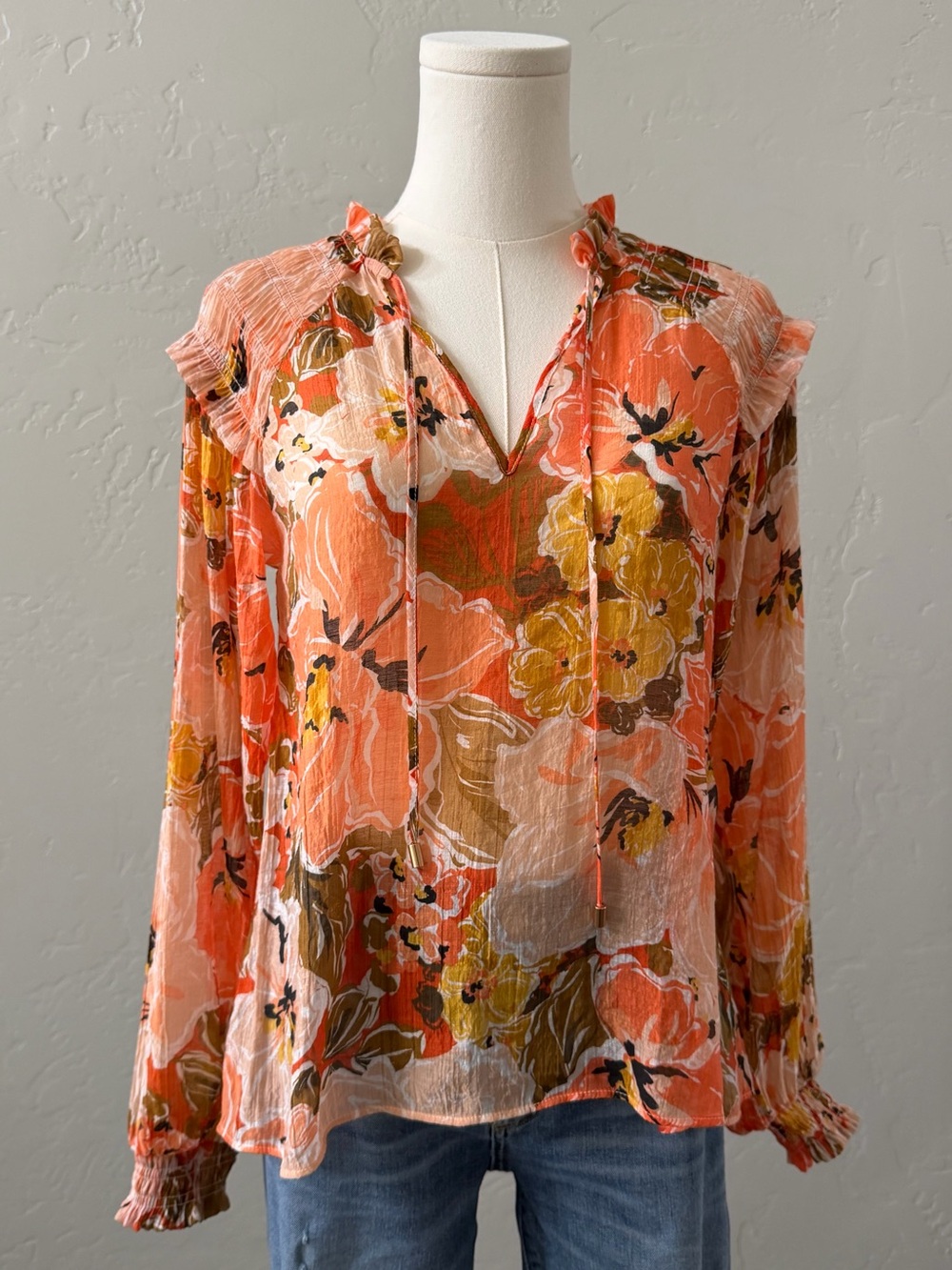 MINKPINK Dex Floral Blouse XS Coral Sheer Boho Long Sleeve Feminine - Picture 2 of 14